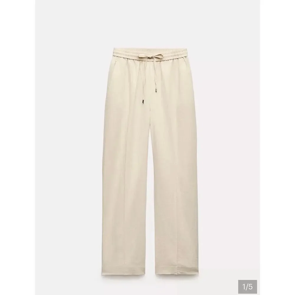 ZARA Women’s Sz M Linen Blend Wide Leg Pants Beige Tan Elastic Waist Drawstring